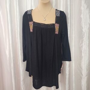 Mudd Black Boho Embroidered Square-Neck Blouse